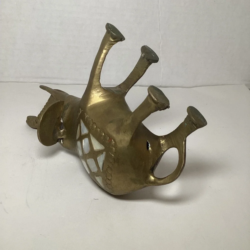 Vintage Brass Elephant Figurine Mother of Pearl Inlay Trunk Up Good Luck Decor